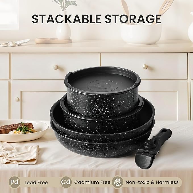 Simple Deluxe 12 Pcs Cookware Set, Non-Stick Pots and Pans Set, with Black Granite Texture and Detachable Handles, Resistant to High Temperatures, Oven Safe, PFAS and PFOA Free, Black