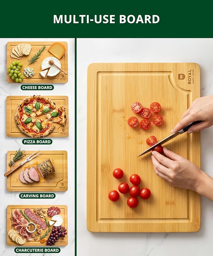 ROYAL CRAFT WOOD Organic Bamboo Cutting Board with Juice Groove - Chopping Board for Meat Butcher Block Cheese and Vegetables, 12x8"