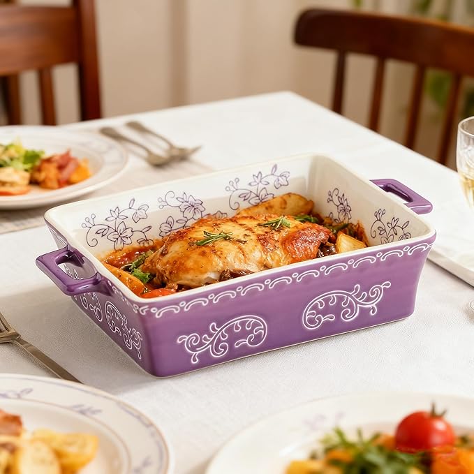 Domini Casserole Dishes for Oven, Ceramic Baking Dishes for Oven Set of 2, Lasagna Pan Deep, Baking Pan Set Square Casserole Dish Set with Handles for Baking, Pattern Purple(11.4+8.5inch)