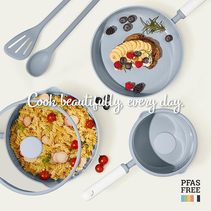 CAROTE Ceramic Cookware Set Nonstick, 9pcs Pots and Pans Set Non stick, Non-Toxic & PFAS-Free,Dishwasher, RV/Camping Cookware Set,Sauce Pan with Lid, Blue