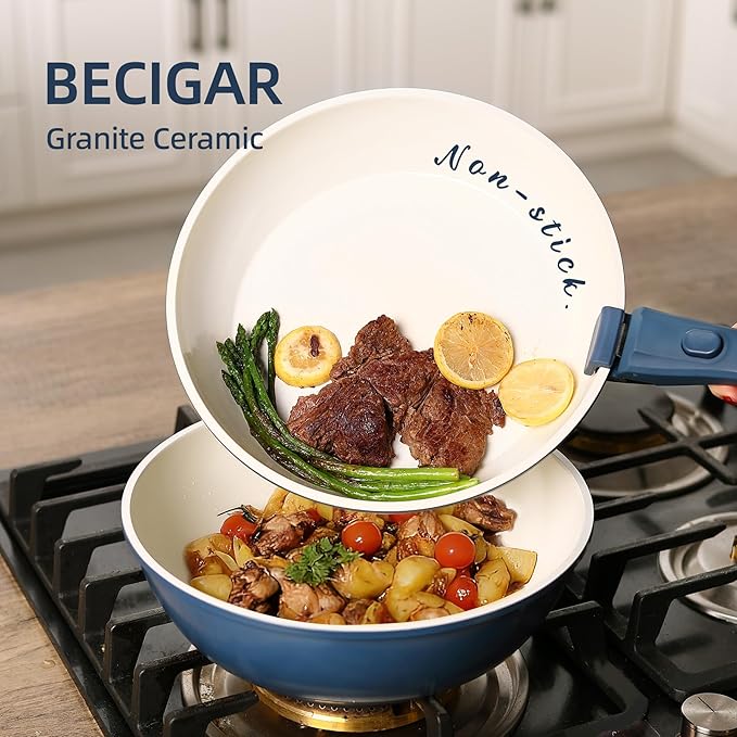 BECIGAR 23pcs Ceramic Pots and Pans Set, Nonstick Detachable Handle Cookware, Induction Kitchen Cooking Set with Removable Handle,include Frying Pans & Saucepans Oven Safe(Blue)