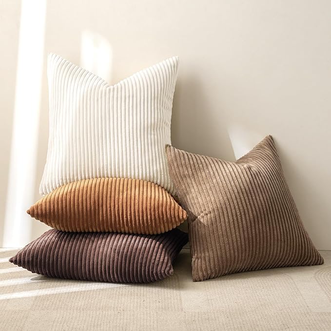 MIULEE Boho Farmhouse Throw Pillow Covers 18x18 Inch Set of 4 Rustic Mordern Neutral Cushion Covers Soft Corduroy Nordic Home Decor for Couch Bed Sofa Living Room Brown