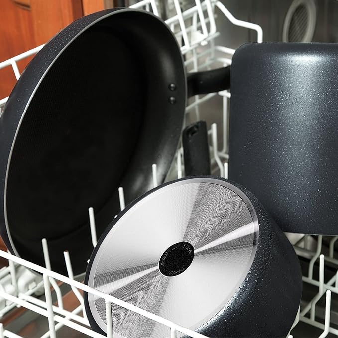T-fal Initiatives Nonstick Cookware Set 18 Piece, Oven Broiler Safe 350F, Kitchen Cooking Set w/Fry Pans, Saucepans, Stockpots, Skillet, Spoons, Lids Pots and Pans Set Non Stick Dishwasher Safe Black
