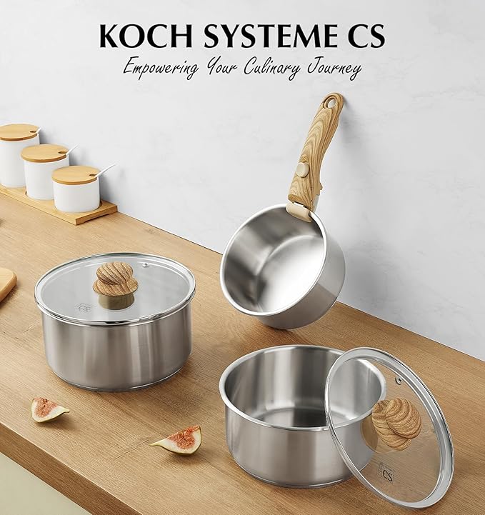 KOCH SYSTEME CS Stainless Steel Saucepan Set 1.5QT & 2QT & 3QT, Stainless Steel Pot with Removable Handle, 6pcs Sauce Pan Set with Tri-Ply Steel Base, Induction Compatible Pots, Dishwasher & Oven Safe