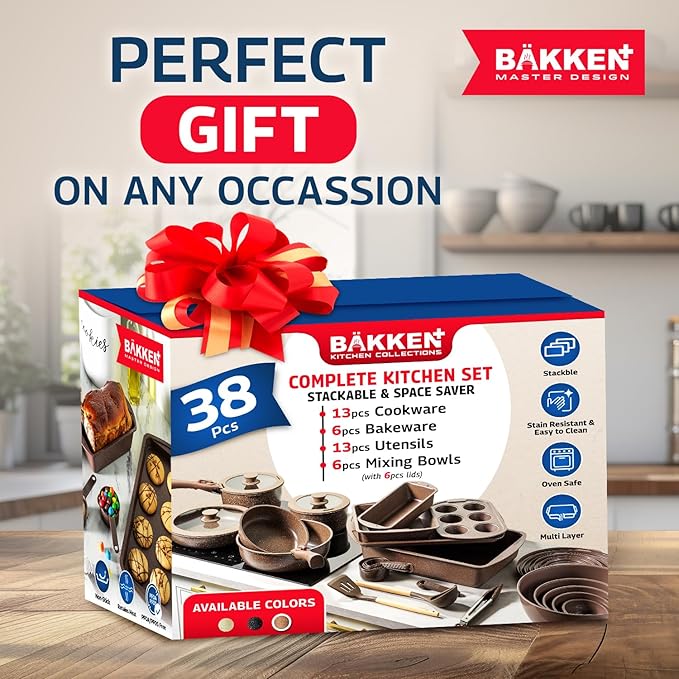 Bakken Master 38 Piece Granite Cookware and Bakeware Set – Nonstick Granite Coating, Pots and Pans with Detachable Handles and Tempered Glass Lids, 6-piece Bakeware set, 12-piece Mixing Bowls,Brown