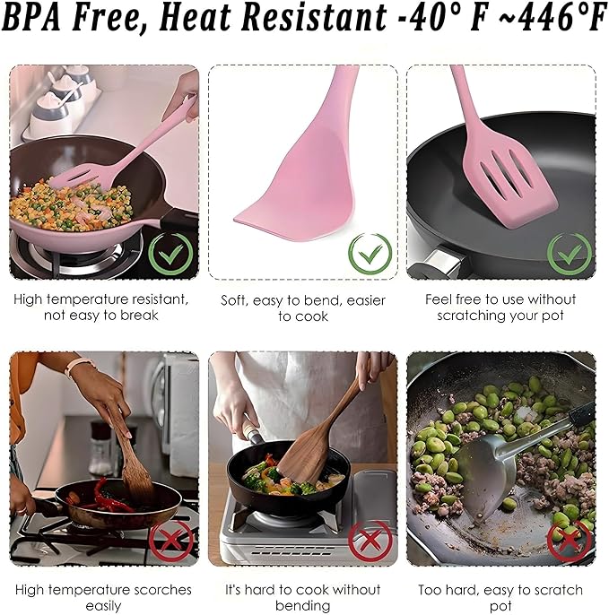 Kitchen Silicone Cooking Utensil Set with Wooden Handles Holder, Great for Cooking, Mixing, Scoop, Scrape, Non stick Heat Resistant (Purple -12pcs Sets)