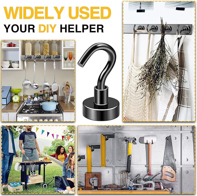 DIYMAG Magnetic Hooks for Refrigerator, Extra Strong Cruise Hook, Heavy Duty Earth Magnets with Hook Magnetic Hanger for Cabins, Grill (20P-Black) (Pack of 2)