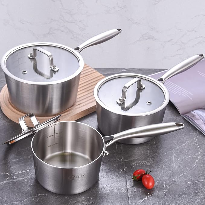 LOLYKITCH Tri-Ply Stainless Steel 2.5 QT Saucepan with Lid,Dia.18CM Induction Cooking Sauce Pot,Oven and Dishwasher Safe,Detachable Handle.
