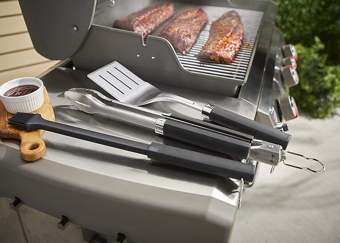 Weber Precision 3‑Piece Grilling Tool Set – Stainless Steel Tongs, Spatula & Silicone Basting Brush with Non‑Slip Handles and Hands‑Free Locking