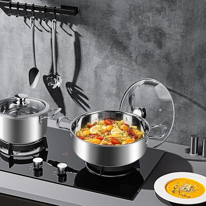 6-Piece Stainless Steel Cookware Set, Induction Pots and Pans Set with Glass Lids, Non-Toxic Kitchen Set for Gas/Electric/Induction, Oven & Dishwasher Safe