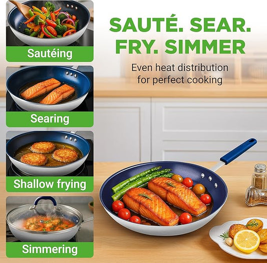 10" Fry Pan With Lid - Medium Skillet Nonstick Frying Pan with Silicone Handle, Ceramic Coating, Blue Silicone Handle, Stain-Resistant And Easy To Clean, Professional Home Cookware