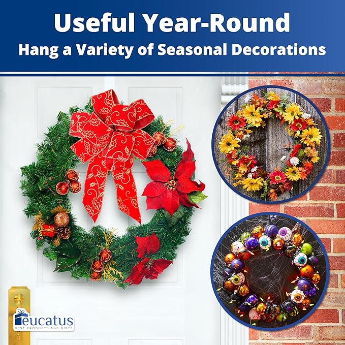 Non Scratch 100% Clear 12in Wreath Hanger 3Pk. Slim Christmas Wreaths Holders for Hanging Fall Halloween Decorations Over Front or Garage Door. Best Long Hooks for Indoor or Outdoor Home Decor.