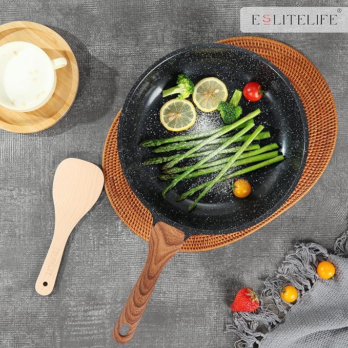 ESLITE LIFE Nonstick Ceramic Frying Pan Skillet with Lid, Non-Toxic Egg Omelette Kitchen Cooking Pans Compatible with All Stovetops (Gas, Electric & Induction), PTFE & PFOA Free (Black, 11" w/Lid)