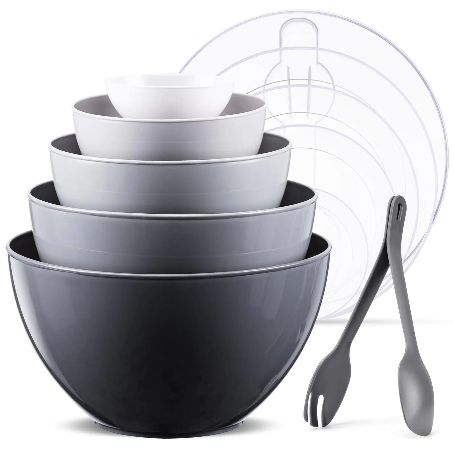 LUXEAR Mixing Bowls with Lids Set 12 Pieces Plastic Nesting Bowls Includes 5 Prep Bowls 5 Lids 2 Cooking Spoons(Can Convert into Tongs) Microwave Dishwasher Safe for Mixing Serving Baking Storing