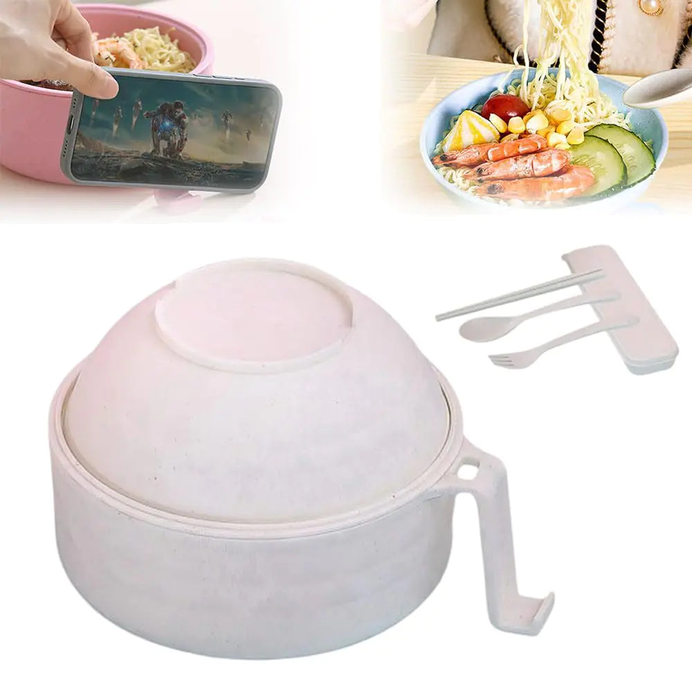 ATFirst Microwave Ramen Bowl with Strainer Ramen Noodles Bowl Set Microwave Ramen Bowl with Chopsticks Spoon and Fork Portable Ramen Cooker for Noodles Soup and Salad(Beige1with Bracket)