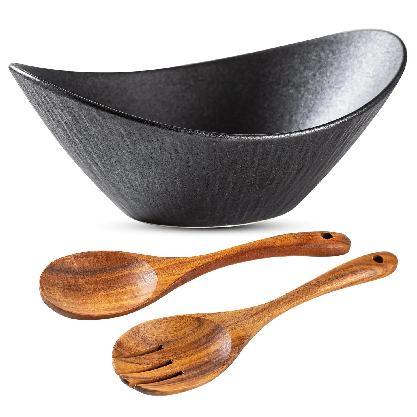 Ceramic Large Elegant Ceramic Oval Salad Bowl Set with Premium Acacia Wood Serving Utensils 10 Inches Serving Bowl for Soup Cereal Ramen Pasta Salad Dishwasher Microwave Safe Black Serving Bowl