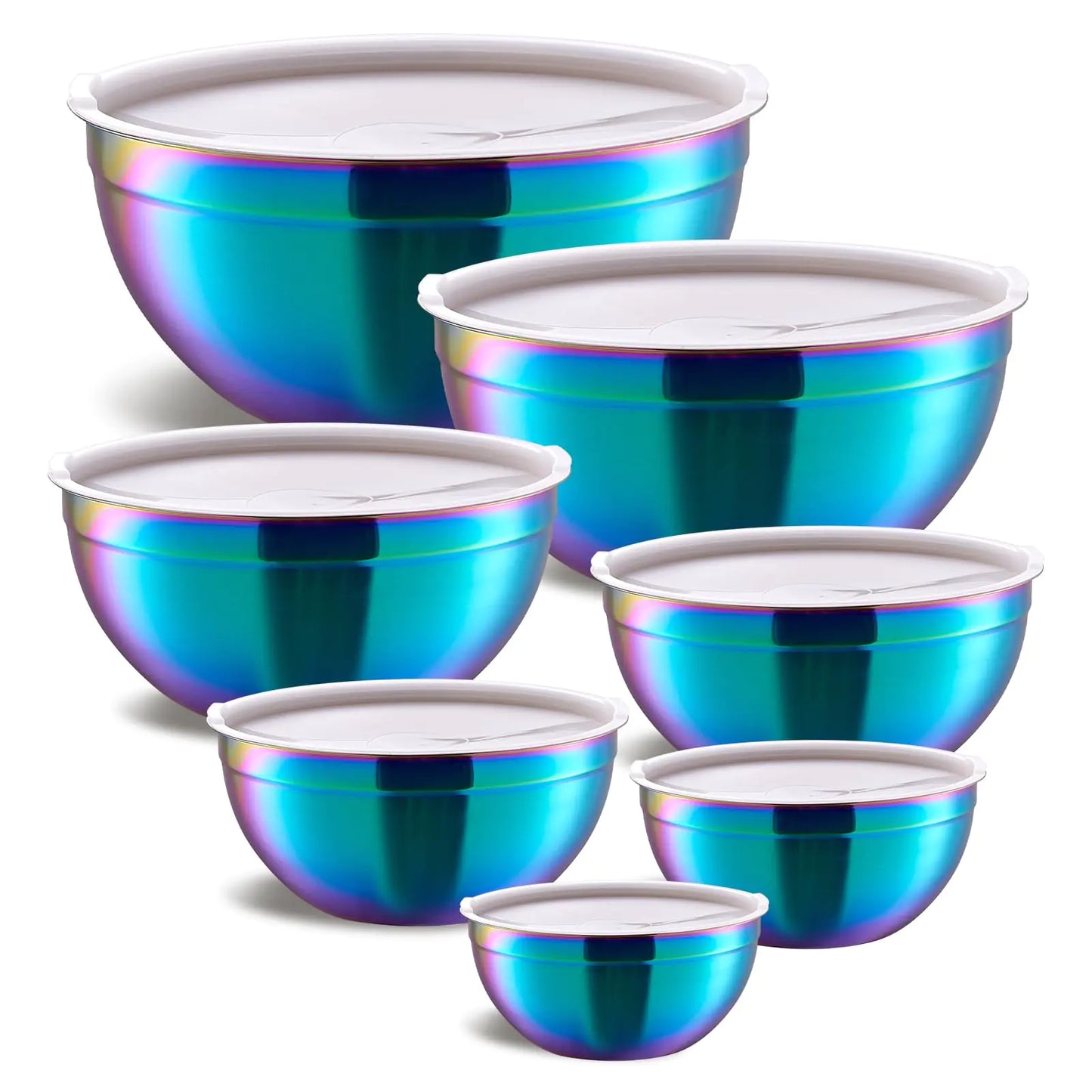 Moxinox Colorful Mixing Bowls with Airtight Lids Stainless Steel Nesting Mixing Bowls Set of 7 Ideal for Baking Prepping and Serving Food Size 7 3.6 2.7 2.1 1.5 1.10.8 QT Stackable Design