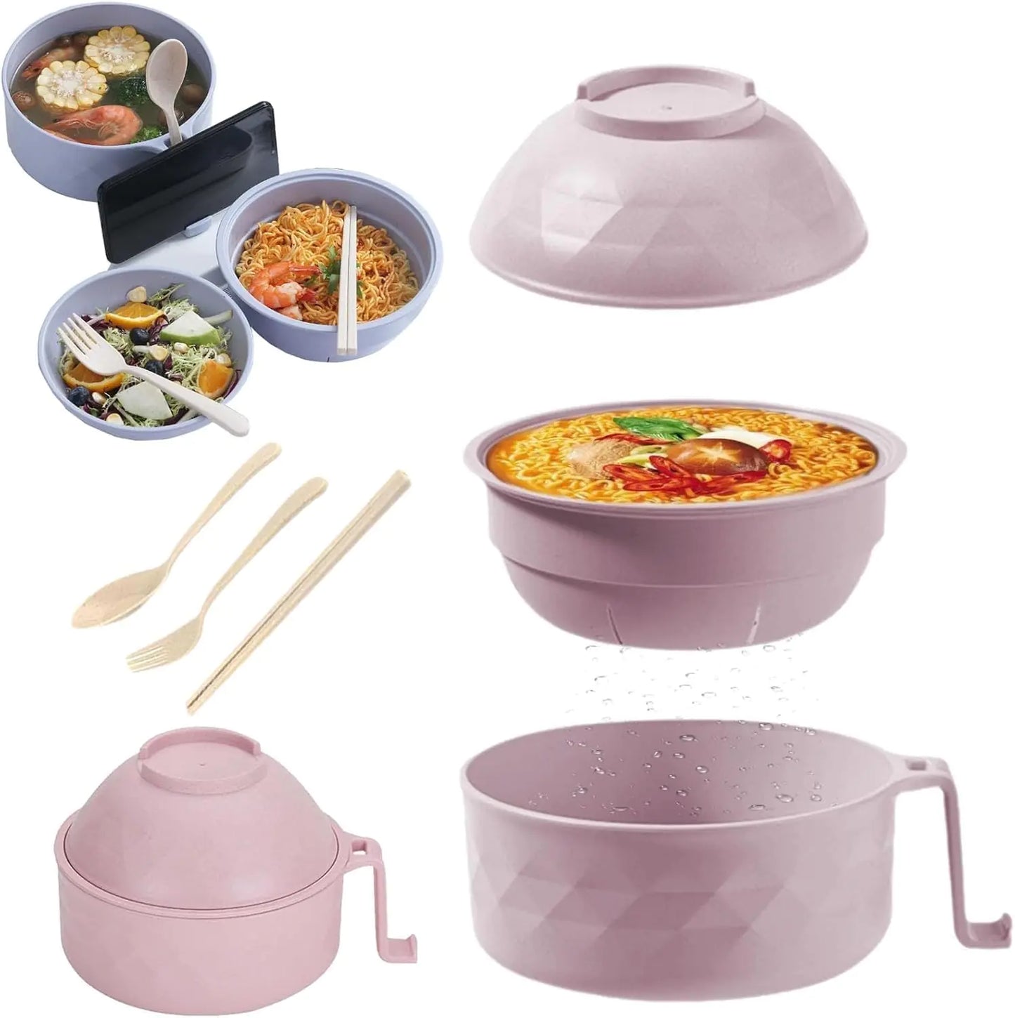 MOVVIYE Microwave Ramen Bowl Ramen Noodles Bowls 6 Piece Ramen Bowl Microwavable Set with Lid Ramen Bowl Set with Chopsticks Spoon Fork Ramen Noodle Cooker for Dorm Home Office (Pink)