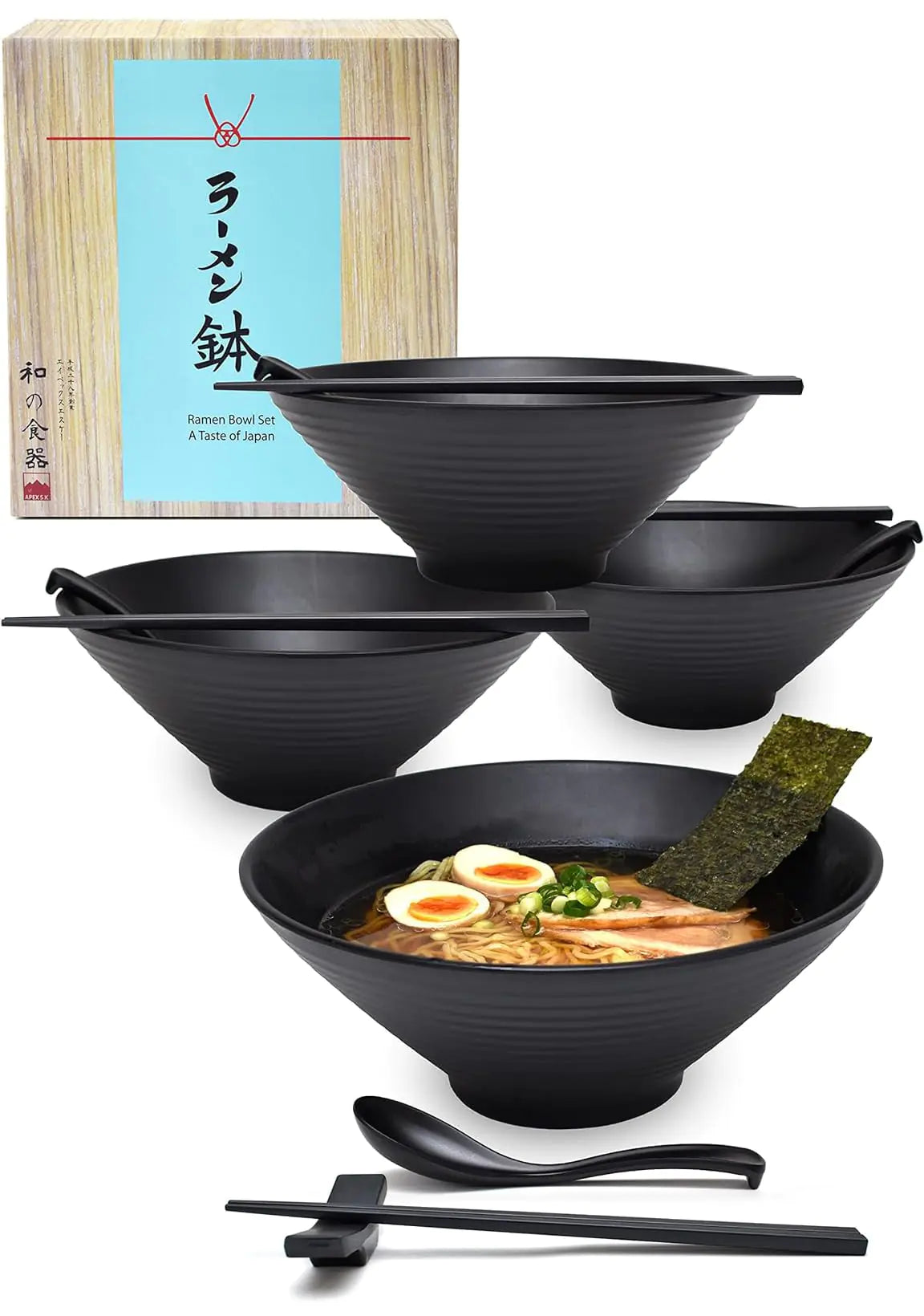 APEX S.K. Ramen Bowl Set of 4 | 57 Oz Extra Large Japanese Melamine Ramen Bowls with Spoons Chopsticks and Stands - Black Pho Bowl Set Noodle Bowl with Chopsticks - Dishwasher Safe