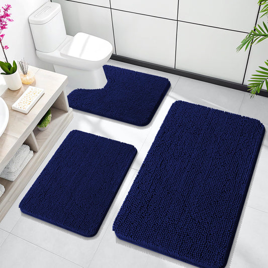 OLANLY Bathroom Rugs Sets 3 Piece Soft Absorbent Chenille Bath Rugs and U-Shaped Contour Toilet Rug Area Rug Set Non-Slip Bath Carpet Home Decor Accessories Bath Mat Set for Bathroom Navy