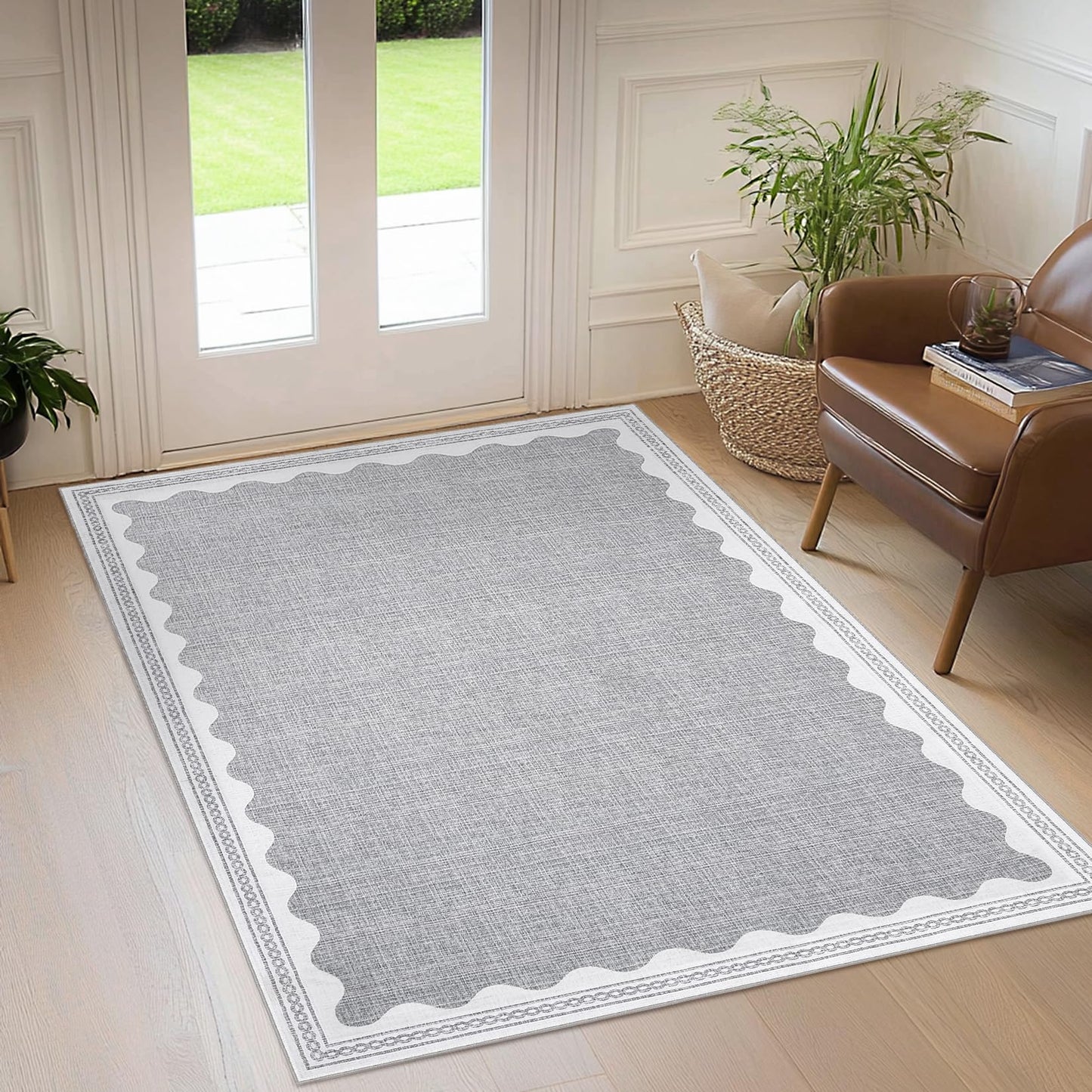 CAREMEE Scalloped Rug 3x5 Rugs for Entryway Small Area Rug Solid Grey Rug for Bedroom Girls 3x5 Washable Rug for Living Room Non Slip Scalloped Bath Mat Soft Dorm Nursery Carpet for Bedside