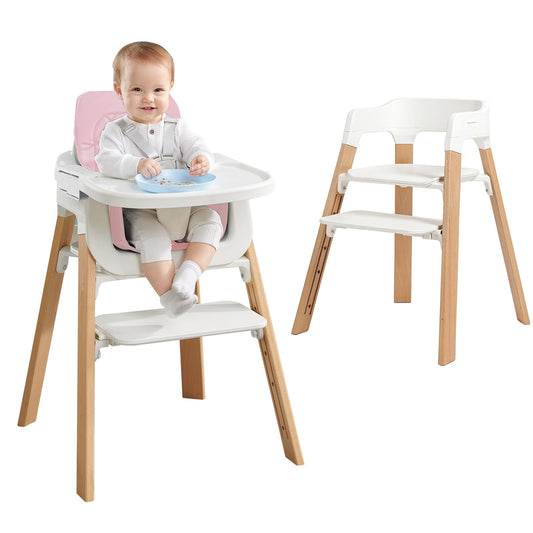 Wooden Highchair for Baby Toddler High Chair with Tray & Removable Cushion & 4-Levels Pedal & Padded 5-Point Harness High Chair Grows with Kid for Dining StudyingBaby Chair for Eating（Pink