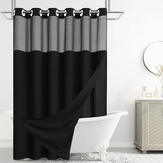 Jowels Long No Hook Shower Curtain Black Luxury Shower Curtains Snap-in Replacement Liner Neutral Linen Fabric Double Mesh Top Window Shower Curtains for Modern Simple Hotel Spa Decor 72x81