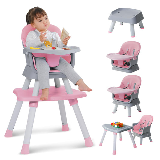 Baby High Chair8 in 1 High Chairs for Babies and ToddlersConvertible High Chair for Baby Kids Learning TableBuilding Block TableKids Stool Table Chair Set with Removable Tray（Pink）