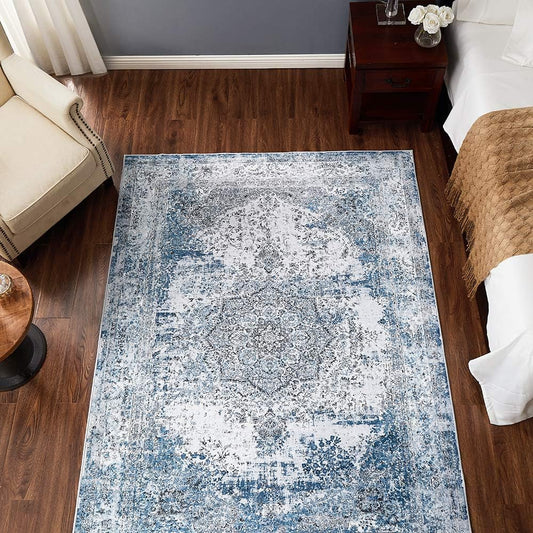 jinchan Area Rug 3x5 Washable Rug Door Mat Vintage Rug Blue Doormat Indoor Entrance Foldable Thin Rug Traditional Distressed Kitchen Floor Cover Retro Floral Print Carpet Bath Mat Bedroom Living Room