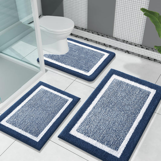 OLANLY Bathroom Rugs Sets 3 Piece Soft Absorbent Microfiber Bath Rugs and U-Shaped Contour Toilet Rug Bath Rug Set Home Decor Accessories Non-Slip Bath Carpet Bath Mat Set for Bathroom Navy