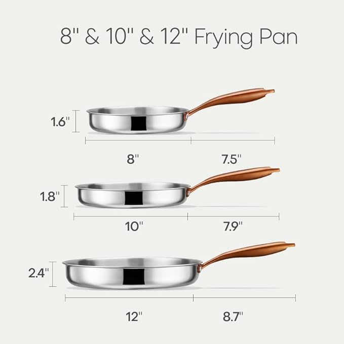 CAROTE 3-Piece Tri-Ply Stainless Steel Frying Pan Set, Skillet Set 8"/10"/12", Induction Compatible, Oven & Dishwasher Safe, Gold Handle