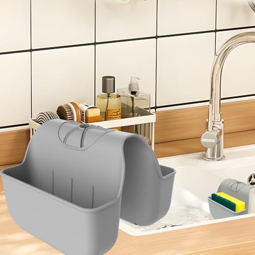 Sponge Holder for Kitchen Sink Silicone Sink Saddle Caddy Organizer Rack Sponges Holder Over Faucet Hanging Kitchen Sink Organizer Organizer Accessories Rack Basket - Grey