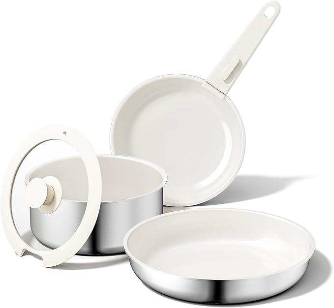 5pcs Nonstick Cookware Set, Diamond-Titanium Ceramic Coating & 3 Layer Stainless Steel Pots and Pans Set with Detachable Handle, Dishwasher Safe, Induction Compatible, Oven Safe, White