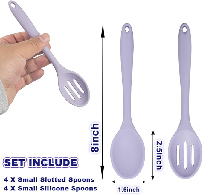 8 Pcs 8inch Heat Resistant Cooking Spoons for Nonstick Cookware Set -Ideal for Cooking, Baking, Mixing, Stirring Includes Slotted & Solid Spoons, Design for Nonstick Cookware (Black+Red+Green+Purple)