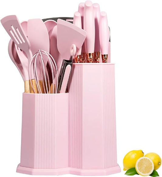 Kitchen Utensils Set,19 Pcs Cooking Tools and Knives Set,Cutting Board, Silverware Set, with Utensil Holder Precision Cutting and Organized Dining Kitchen Tool (Pink)