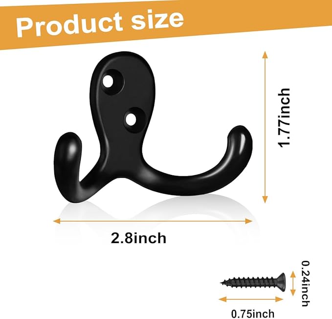 15 Pack Coat Hooks Wall Hooks for Hanging, Heavy Duty Double Prong Metal Hook Wall Mounted for Living Room, Bathroom, Kitchen, Bedroom for Coat, Bag, Scarf, Towel, Hat, Key, Cup (Black)