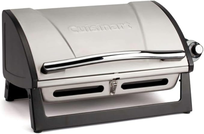 Cuisinart Grillster Portable Gas Grill, Stainless Steel Compact BBQ Grill with Locking Lid for Easy Transport, 8000 BTU Propane Grill with Dishwasher Safe Cooking Grate, Small Grill for Camping & BBQs