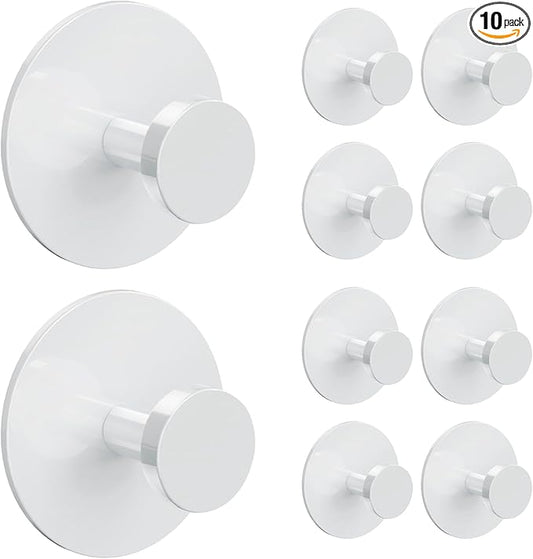10 Pack Adhesive Wall Hook for Coat and Towel: Extra Sticky 12 LB (Max), Stainless Coat Rack Door Holder Hanger, White Heavy Duty