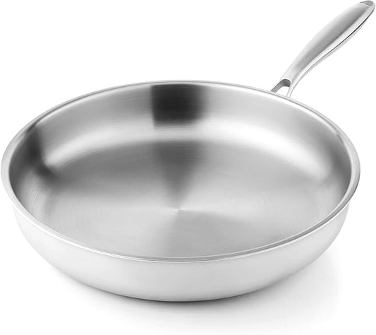 10 Inch Tri-Ply Stainless Steel Frying Pan, Healthy Stainless Steel Cookware, Skillet on Induction, Ceramic and Gas Cooktops, PFOA Free Cooking Pan, Dishwasher Safe, Stay-Cool Handle