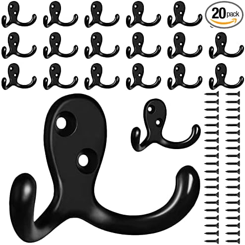 20 Pack Coat Hooks Wall Hooks for Hanging, Heavy Duty Double Prong Metal Hook Wall Mounted for Living Room, Bathroom, Kitchen, Bedroom for Coat, Bag, Scarf, Towel, Hat, Key, Cup (Black)