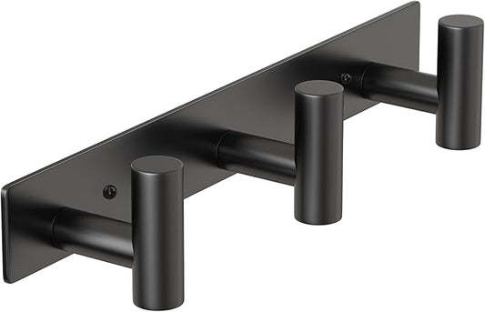 PMMASTO Coat Rack Wall Mounted, 3 "T Shaped Wall Hooks for Hanging, Heavy Duty Stainless Steel Coat Hook Rail for Hat Towel Robes in Bathroom Kitchen Mudroom Entryway (Black, 1PC)