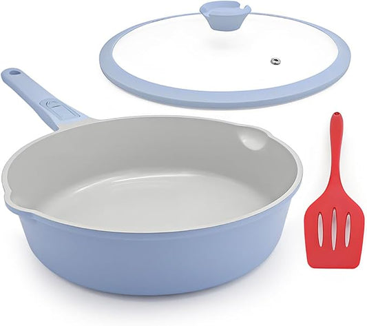 10 Inch Non Stick Ceramic Frying Pans with Lid, 4 QT Nonstick Deep Frying Pan Skillet, Saute Pan with Detachable Handle, Compatible with All Stoves, Oven Safe, PTFE & PFAS-Free, Blue