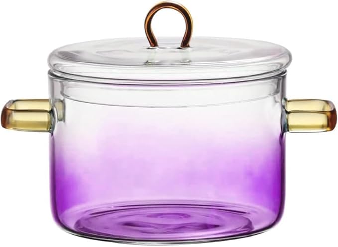 Glass Cooking Pot with Cover, Heat Resistant Glass Saucepan Cooking Pot and Pan with Lid, Glass Cookware Set Cooktop Safe for Pasta Noodle, Soup, Milk, Baby Food (Gradient Purple-1500ml)