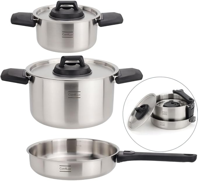Stainless Steel Camping Kitchen Cookware Set - Frying Pan With Detachable Handle - Nesting Pots for Backpacking, Camp, and RV Cooking - 6 Piece Mess Kit - 1.5L Frypan, 1.5L Small Pot & 3.5L Medium Pot