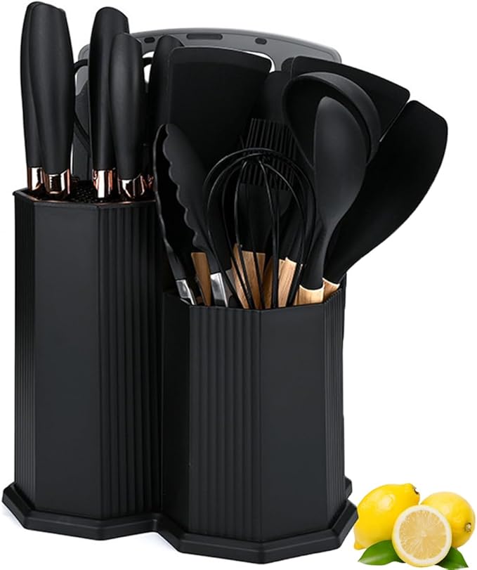 Kitchen Utensils Set,19 Pcs Cooking Tools and Knives Set,Cutting Board, Silverware Set, with Utensil Holder Precision Cutting and Organized Dining Kitchen Tool (Black)