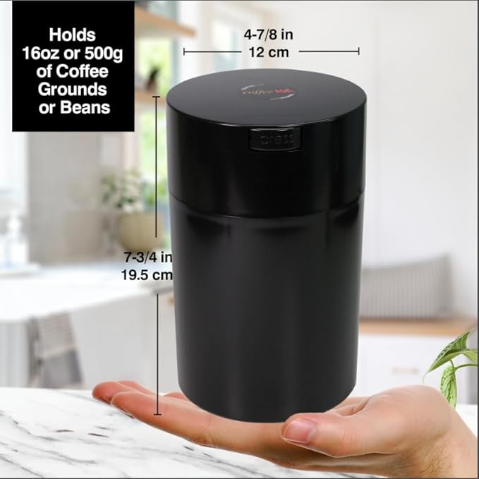 COFFEEVAC 1LB Patented Airtight Multi-use Vacuum Works as Smell Proof Ground Coffee Bean Containers. Black Cap and Body, 1.85-Liter/1.6-Quart