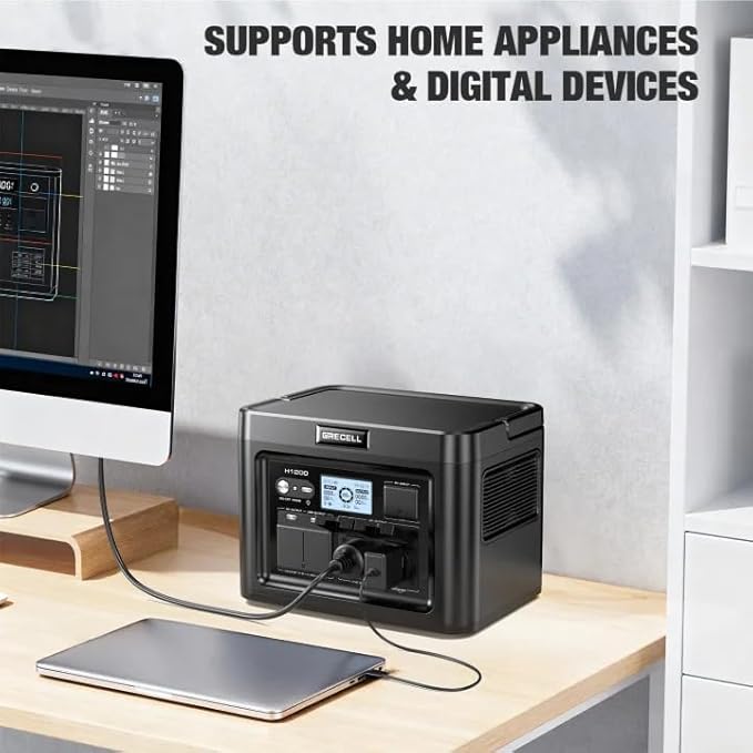 GRECELL H1200 Portable Power Station 1200W, 672Wh LiFePO4 Battery Solar Generator with 10ms UPS, 1200W Solar Power Station, 9 Output Ports for Home Emergency, Outdoor Camping, RV Travel, Laptop TV