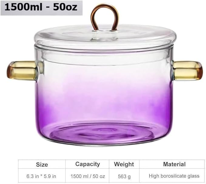 Glass Cooking Pot with Cover, Heat Resistant Glass Saucepan Cooking Pot and Pan with Lid, Glass Cookware Set Cooktop Safe for Pasta Noodle, Soup, Milk, Baby Food (Gradient Purple-1500ml)