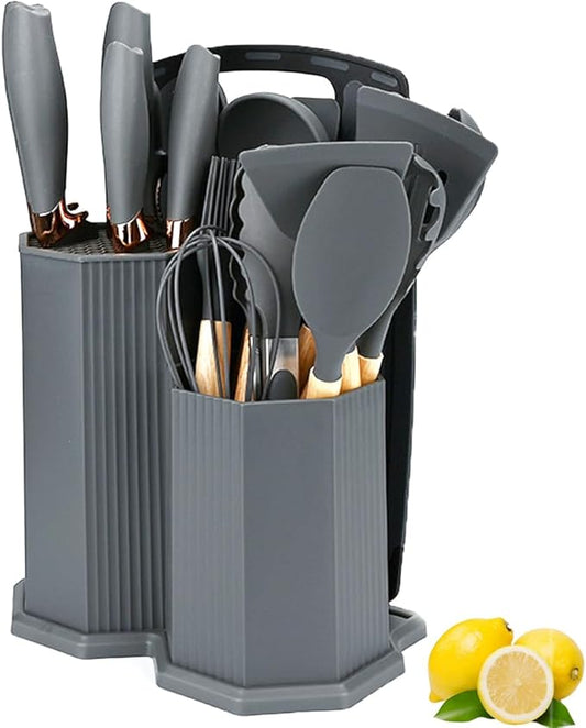 Kitchen Utensils Set,19 Pcs Cooking Tools and Knives Set,Cutting Board, Silverware Set, with Utensil Holder Precision Cutting and Organized Dining Kitchen Tool (Grey)