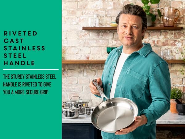 T-Fal x Jamie Oliver Stainless Steel Fry Pan 9.5-Inch, Induction Compatible, Oven Safe up to 500°F, Chef's Stainless Steel Skillet, Frying Pan, Silver